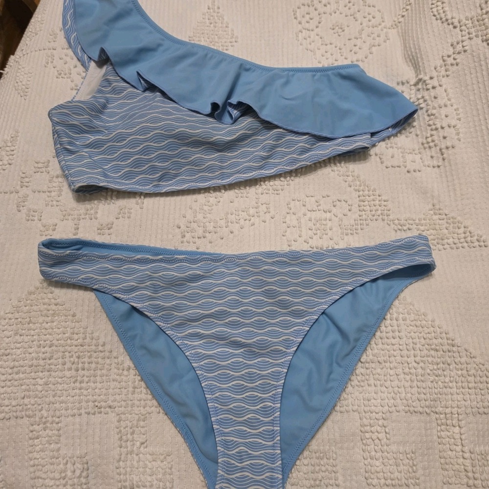 Southern Tide Reversible Bikini Swimsuit Blue White Asymmetric Ruffle Medium